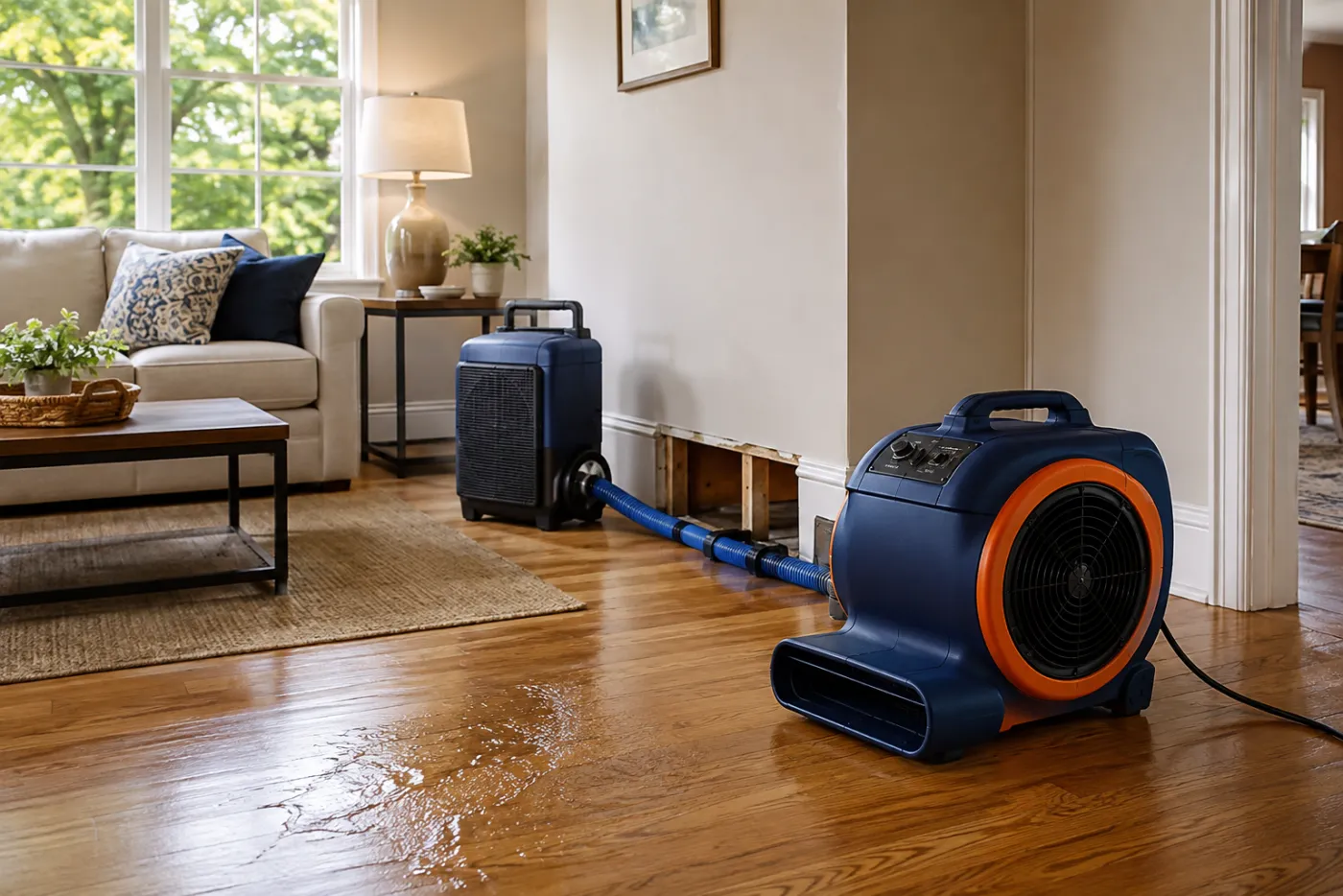 Professional drying equipment in a home, an illustrative restoration scene